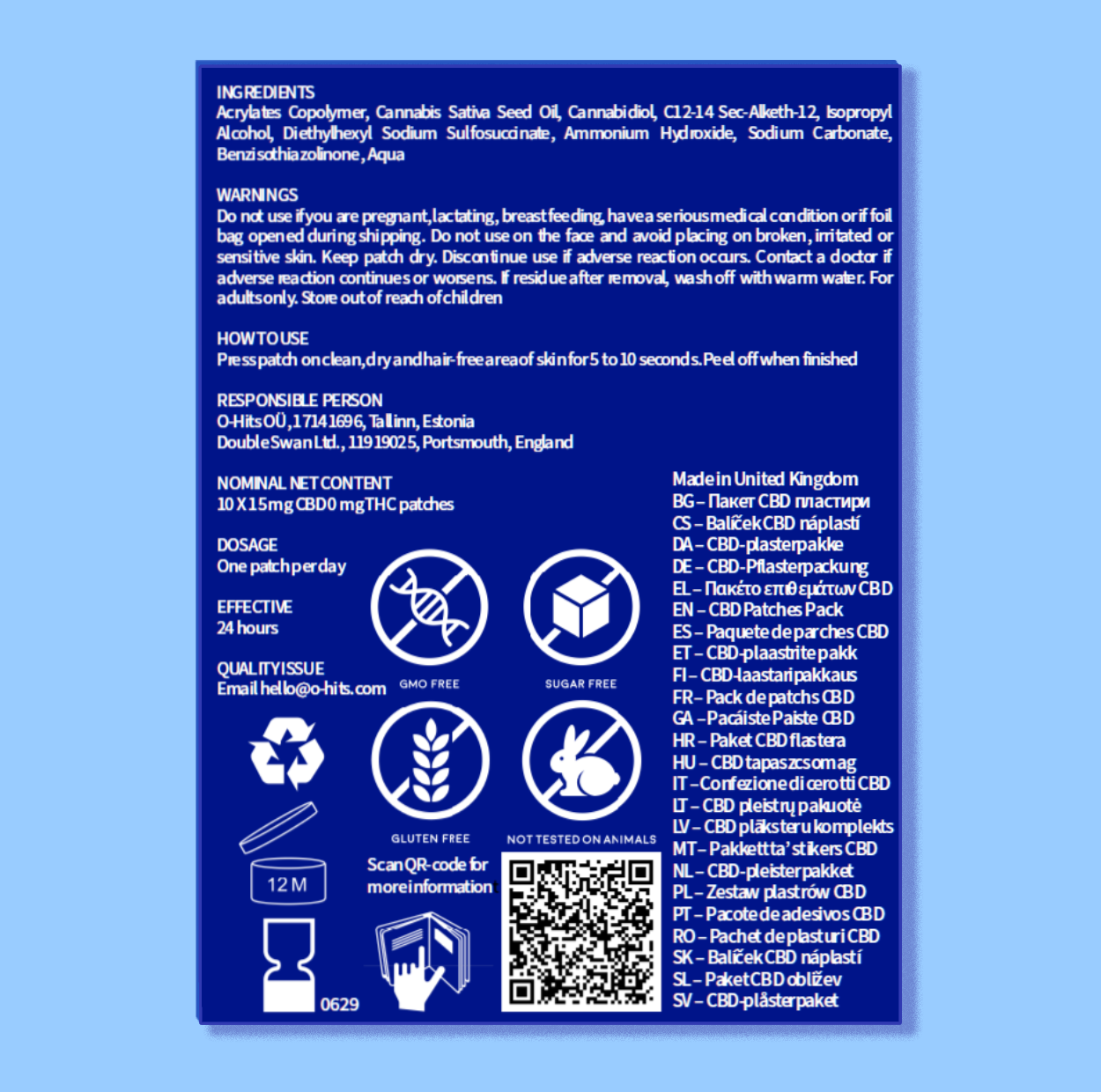 CBD patches 50mg CBD 0mg THC adults CBD patches quality GMO Free Sugar Free Gluten Free No animal testing shop online O-Hits