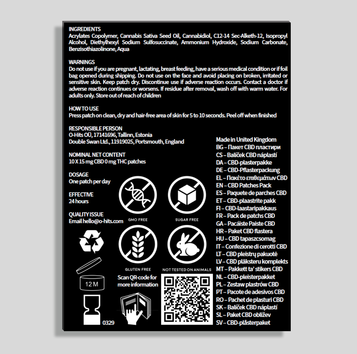 CBD patches pack 150mg CBD GMO Free Gluten Free Sugar Free No animal testing shop online O-Hits